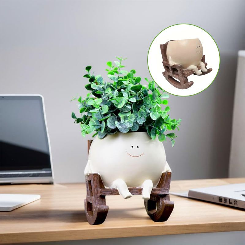 Vaso da Fiori Faccia Sorridente | Sedia a Dondolo in Resina | Decorazione per Succulente & Cactus | GrinPot