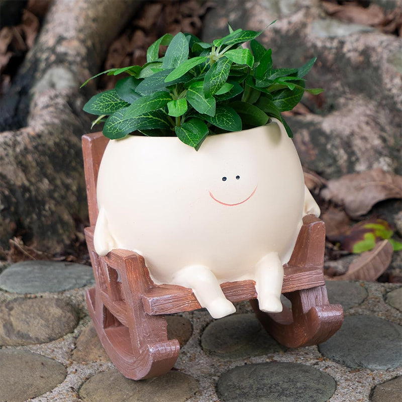 Vaso da Fiori Faccia Sorridente | Sedia a Dondolo in Resina | Decorazione per Succulente & Cactus | GrinPot