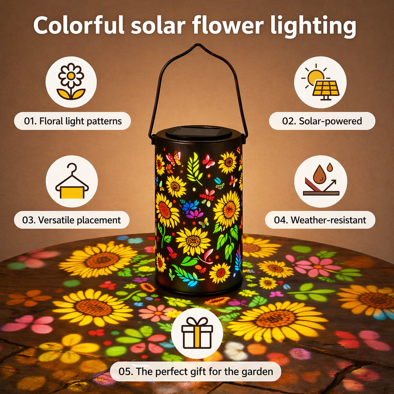 Lanterna da Giardino Solare | Motivo Fiori | Proiezione di Luce | GardenFlare
