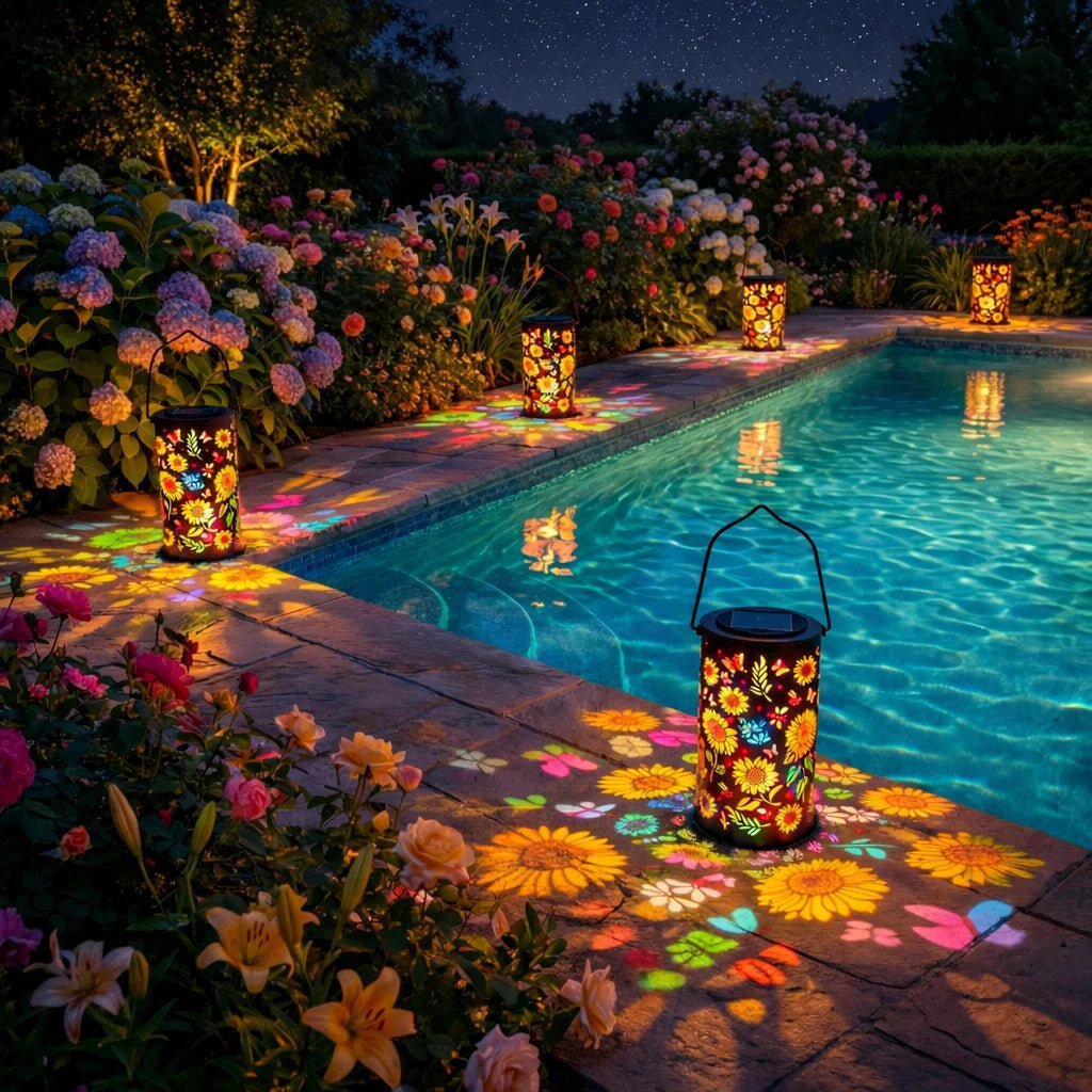 Lanterna da Giardino Solare in Metallo | Proiezione di Fiori | Sensore Crepuscolare Automatico | LumaBloom