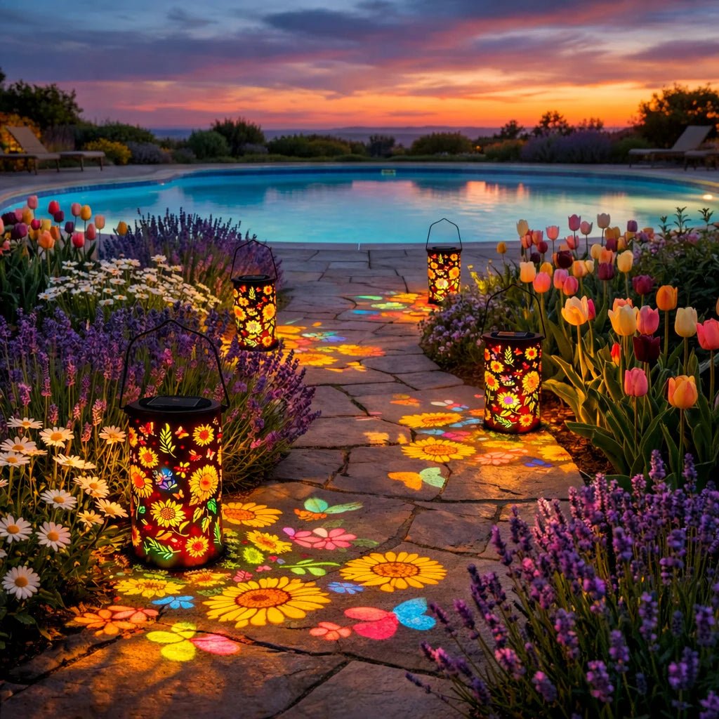 Lanterna da Giardino Solare in Metallo | Proiezione di Fiori | Sensore Crepuscolare Automatico | LumaBloom