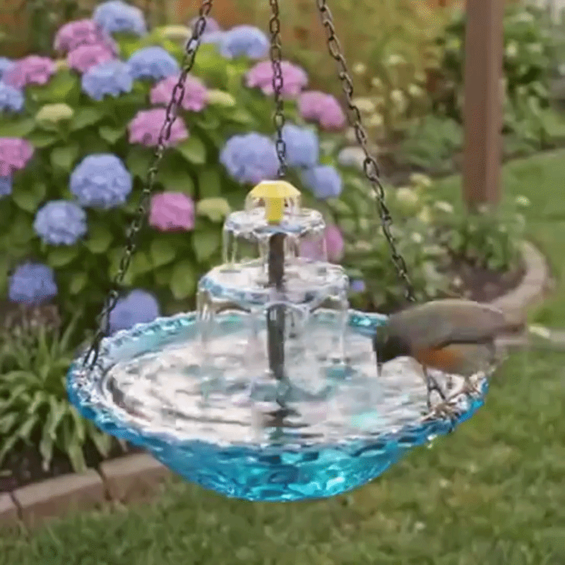 Fontana per uccelli appesa a energia solare con fontana | Due livelli | Ciotola in vetro | Aquavio