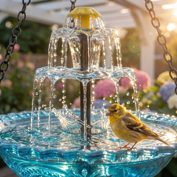 Fontana per uccelli appesa a energia solare con fontana | Due livelli | Ciotola in vetro | Aquavio