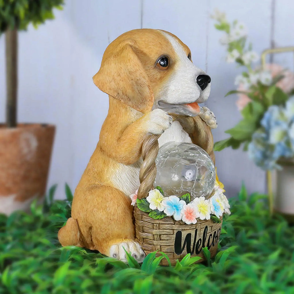 Scultura di cane solare con LED | Resina | Decorazione da giardino resistente alle intemperie | Cane solitario