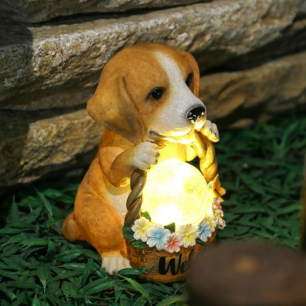 Scultura di cane solare con LED | Resina | Decorazione da giardino resistente alle intemperie | Cane solitario