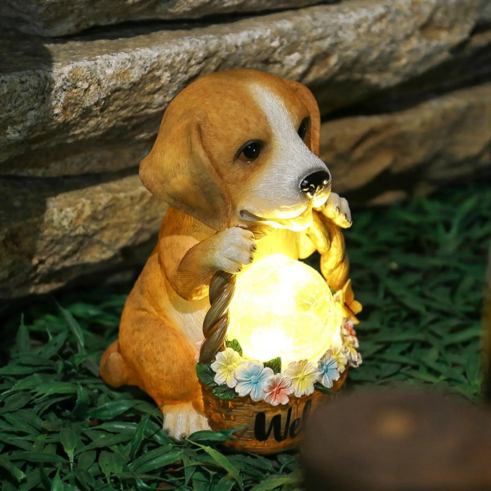 Scultura di cane solare con LED | Resina | Decorazione da giardino resistente alle intemperie | Cane solitario
