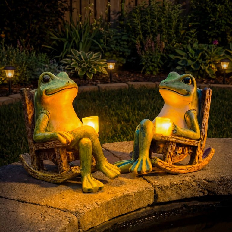 Figura da giardino solare Rana | Luce LED bianco caldo | Interruttore crepuscolare automatico | NotteQuack