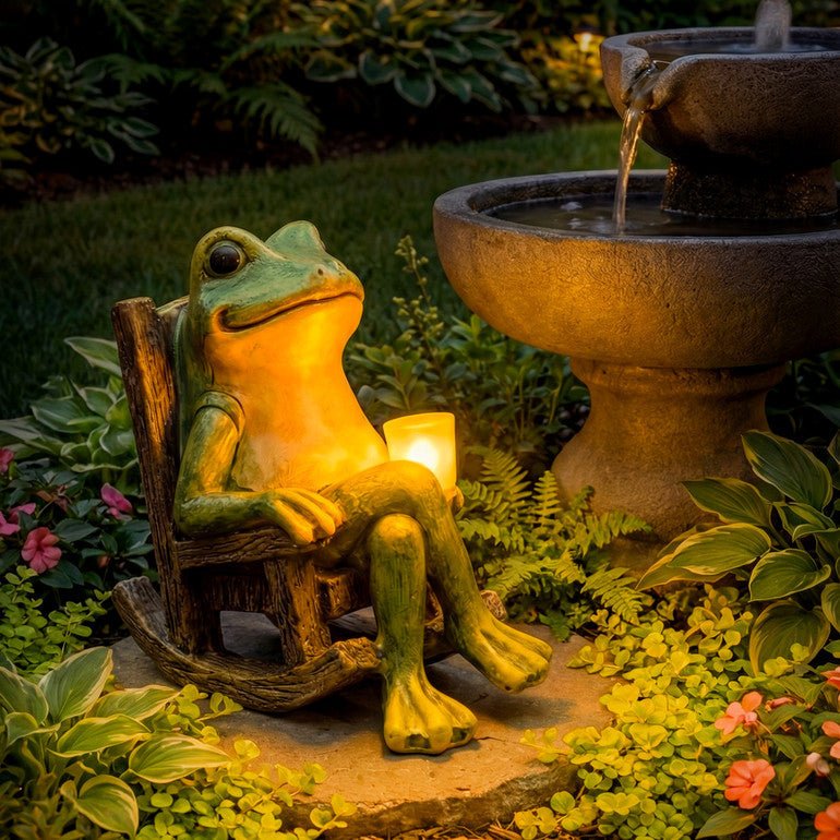 Figura da giardino solare Rana | Luce LED bianco caldo | Interruttore crepuscolare automatico | NotteQuack