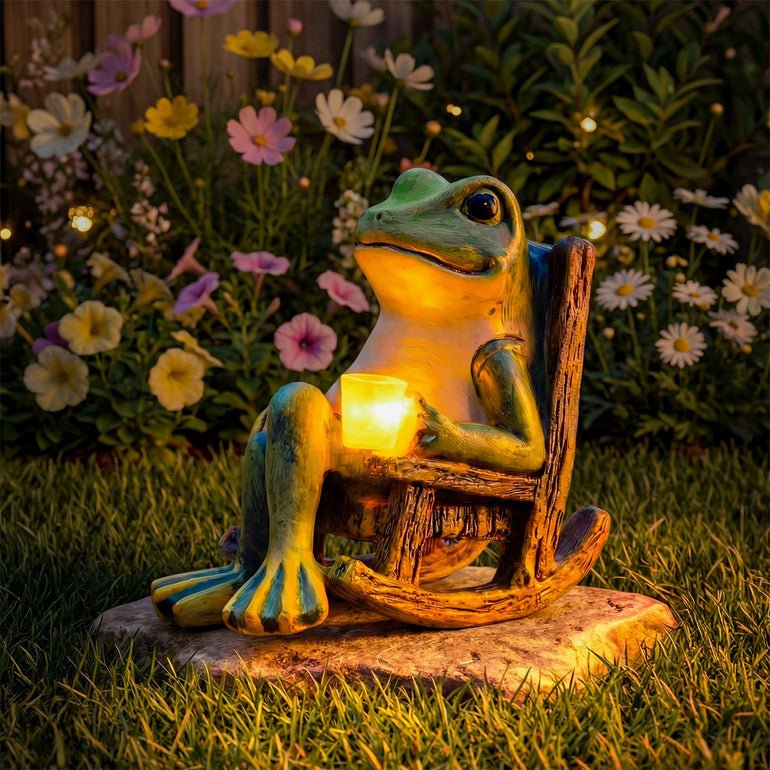 Figura da giardino solare Rana | Luce LED bianco caldo | Interruttore crepuscolare automatico | NotteQuack