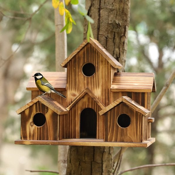 SongbirdHaven Casetta per Uccelli in Legno Fatta a Mano con 6 Ingressi per il Tuo Giardino