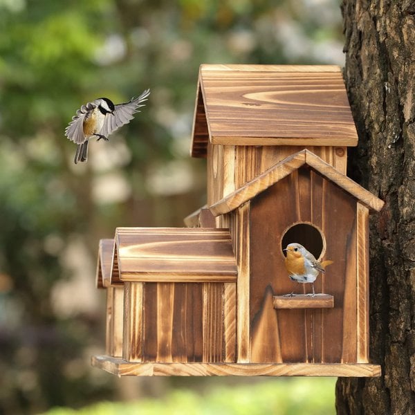 SongbirdHaven Casetta per Uccelli in Legno Fatta a Mano con 6 Ingressi per il Tuo Giardino