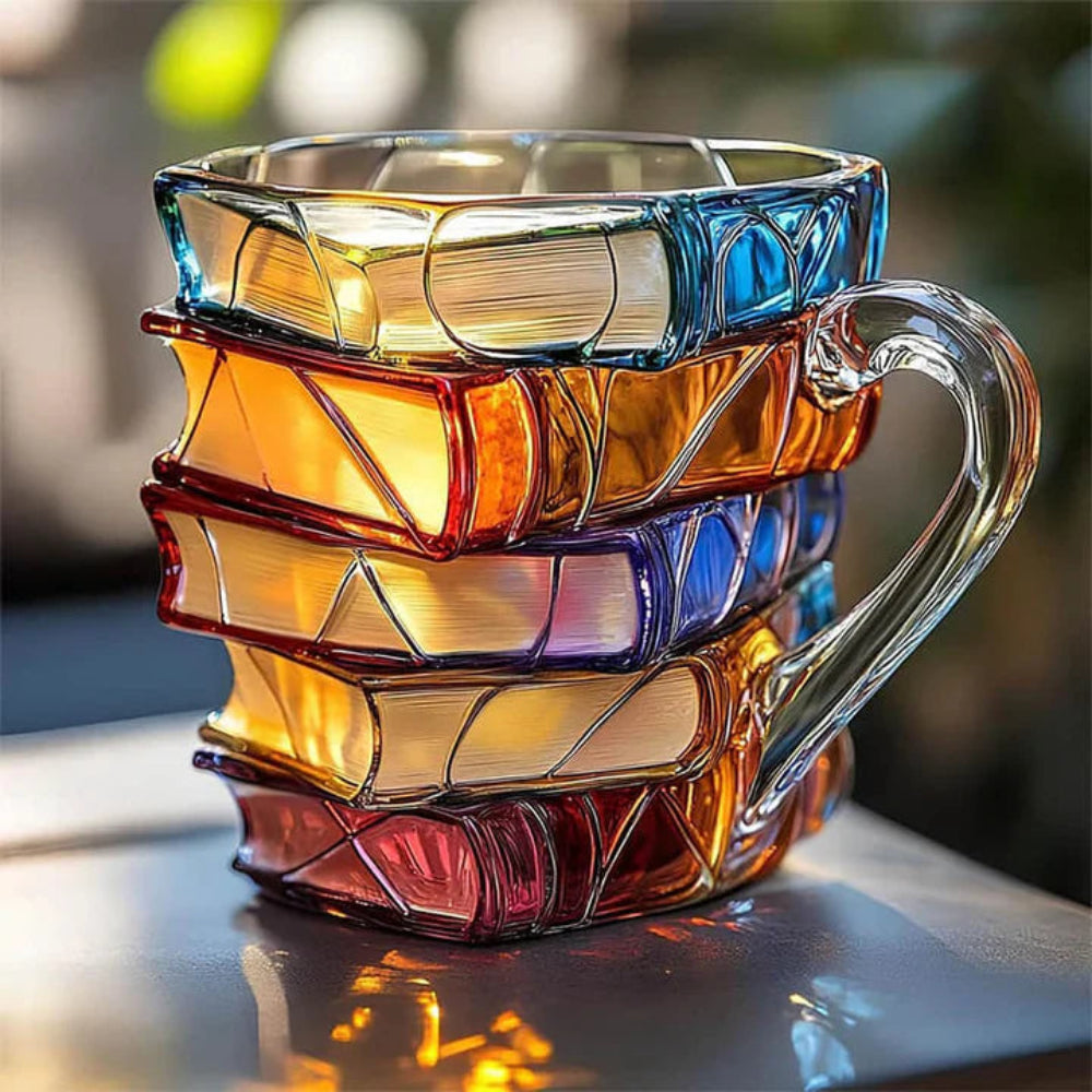 Tazza di Vetro per Caffè 350 ml con Design 3D di Libri – Fatto a Mano, Vetro di Alta Qualità