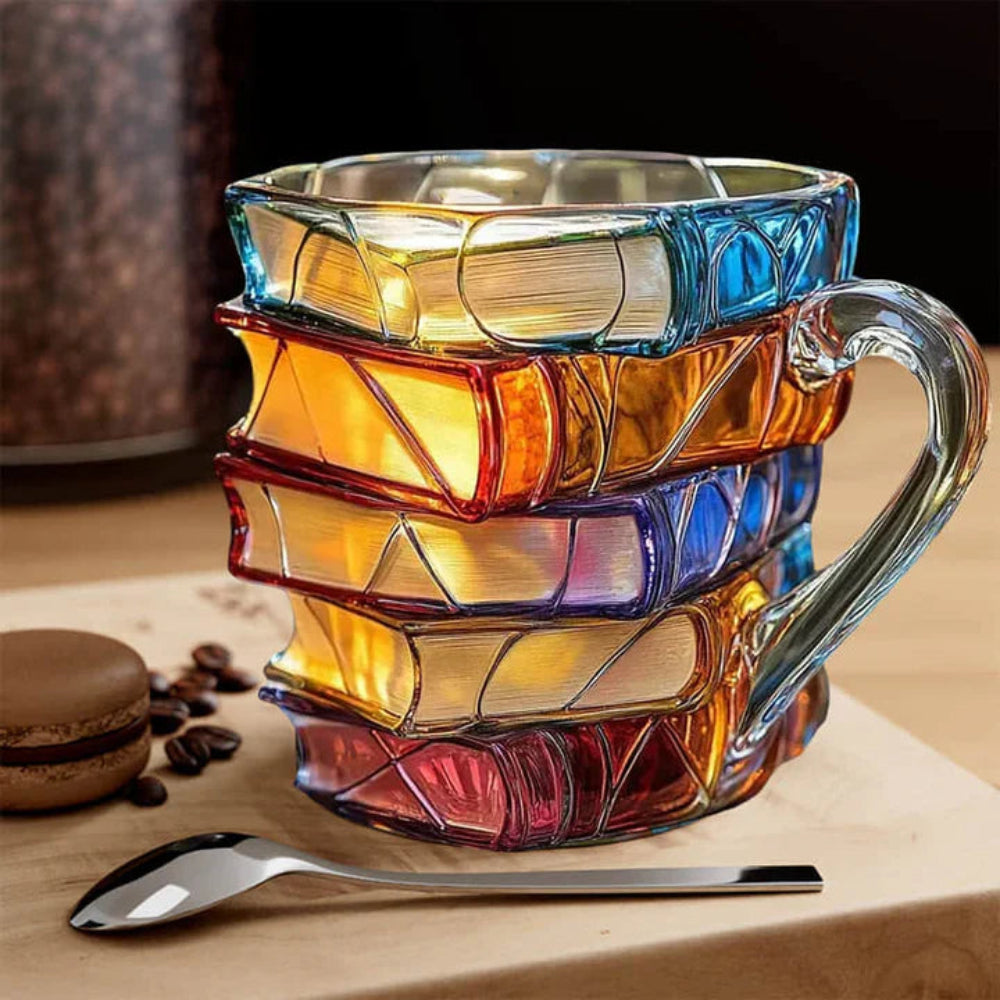 Tazza di Vetro per Caffè 350 ml con Design 3D di Libri – Fatto a Mano, Vetro di Alta Qualità
