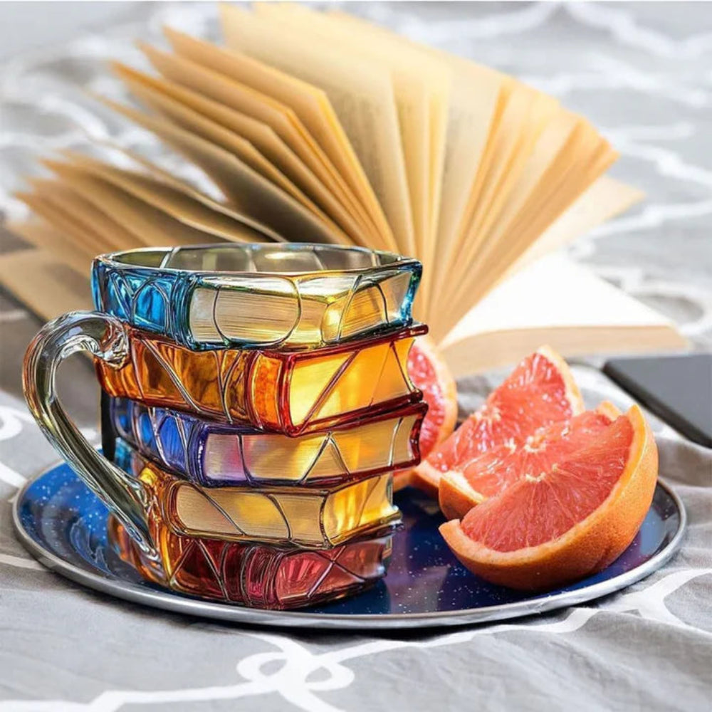 Tazza di Vetro per Caffè 350 ml con Design 3D di Libri – Fatto a Mano, Vetro di Alta Qualità