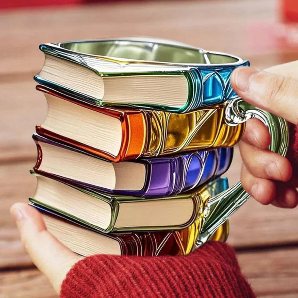 Tazza di Vetro per Caffè 350 ml con Design 3D di Libri – Fatto a Mano, Vetro di Alta Qualità