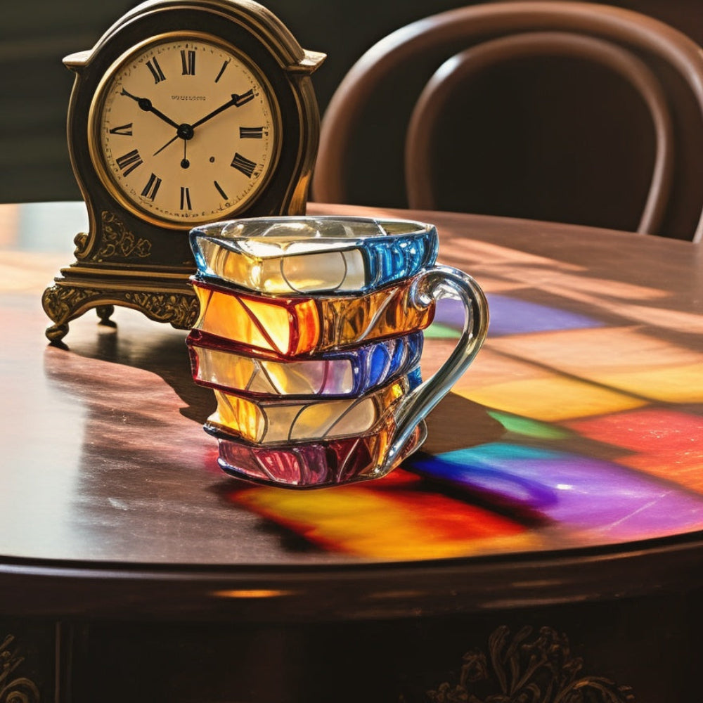 Tazza di Vetro per Caffè 350 ml con Design 3D di Libri – Fatto a Mano, Vetro di Alta Qualità