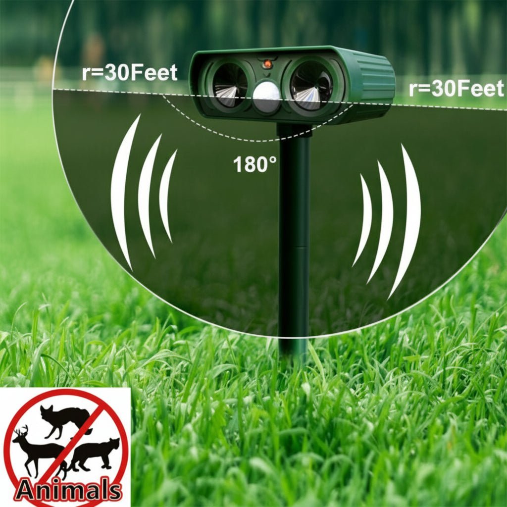 Dispositivo di difesa dagli animali | Protezione ad ultrasuoni attivata dal movimento | Resistente alle intemperie e senza fili | WildAway