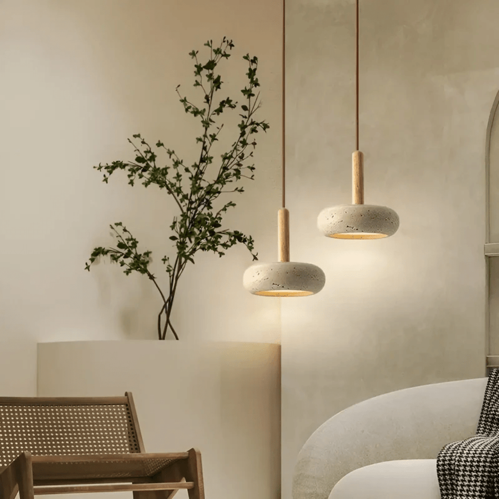 Lampada a soffitto retro LED realizzata in pietra e legno