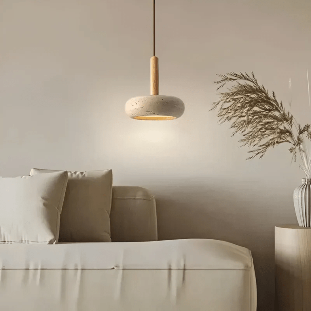 Lampada a soffitto retro LED realizzata in pietra e legno