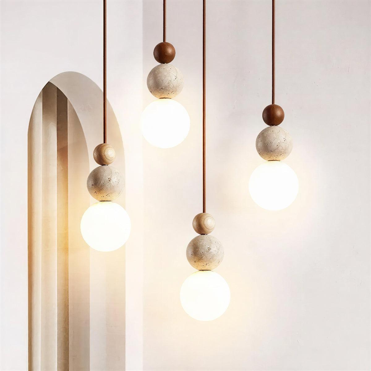 Lampada a Sospensione in Travertino con Ombrello Globale e Sfere Sovrapposte