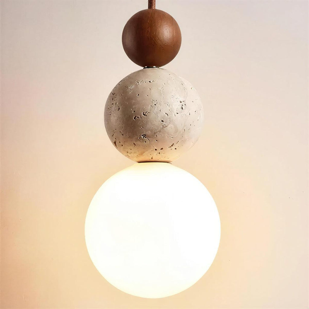 Lampada a Sospensione in Travertino con Ombrello Globale e Sfere Sovrapposte