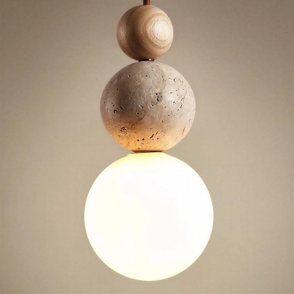 Lampada a Sospensione in Travertino con Ombrello Globale e Sfere Sovrapposte