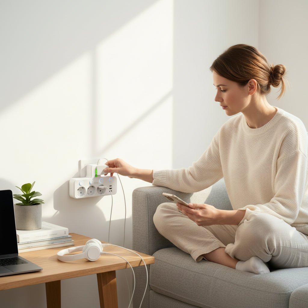 CURRENTIX – Ciabatta compatta a 4 prese con funzione di ricarica USB e sicura chiusura