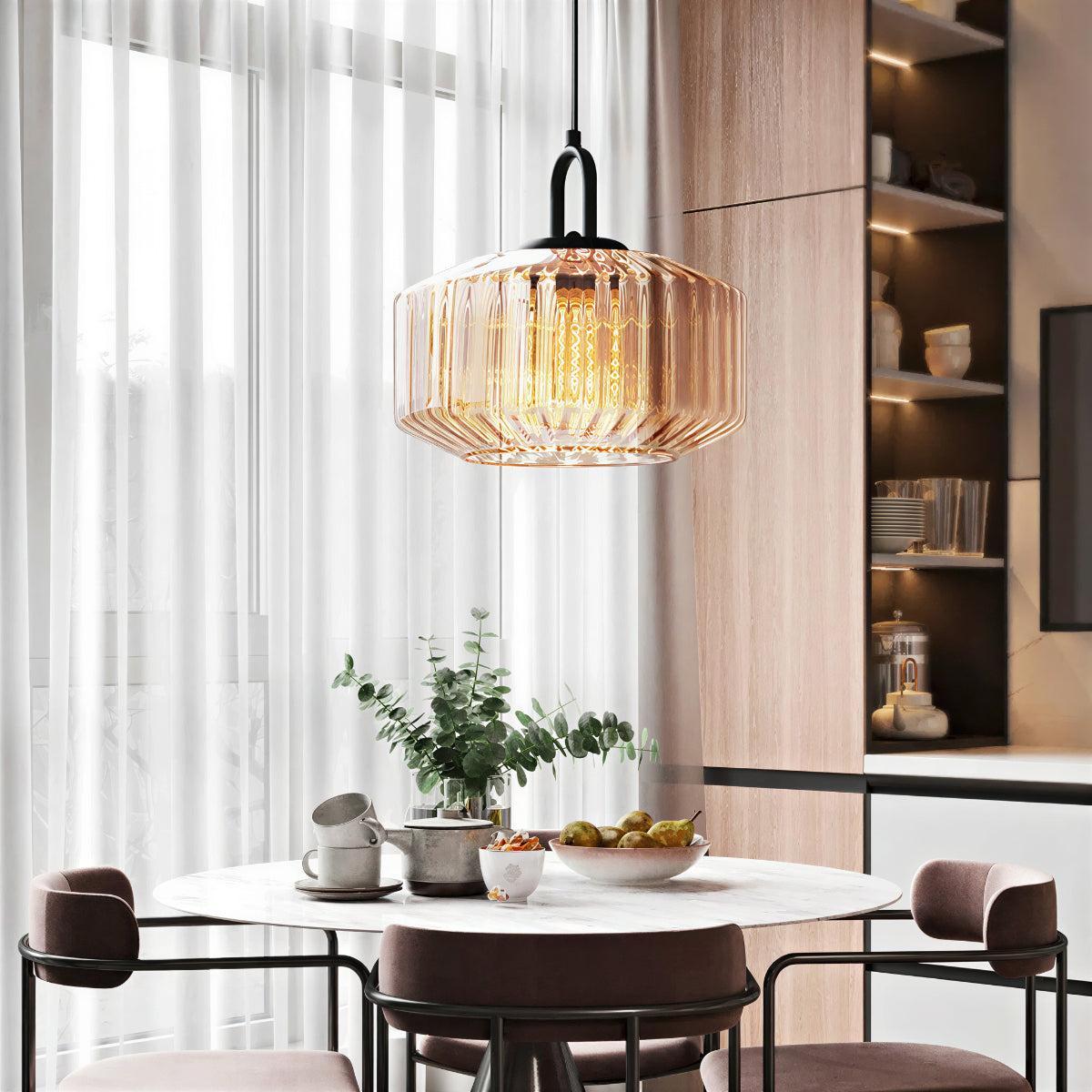Lampada a sospensione vintage con paralume in vetro a righe retro