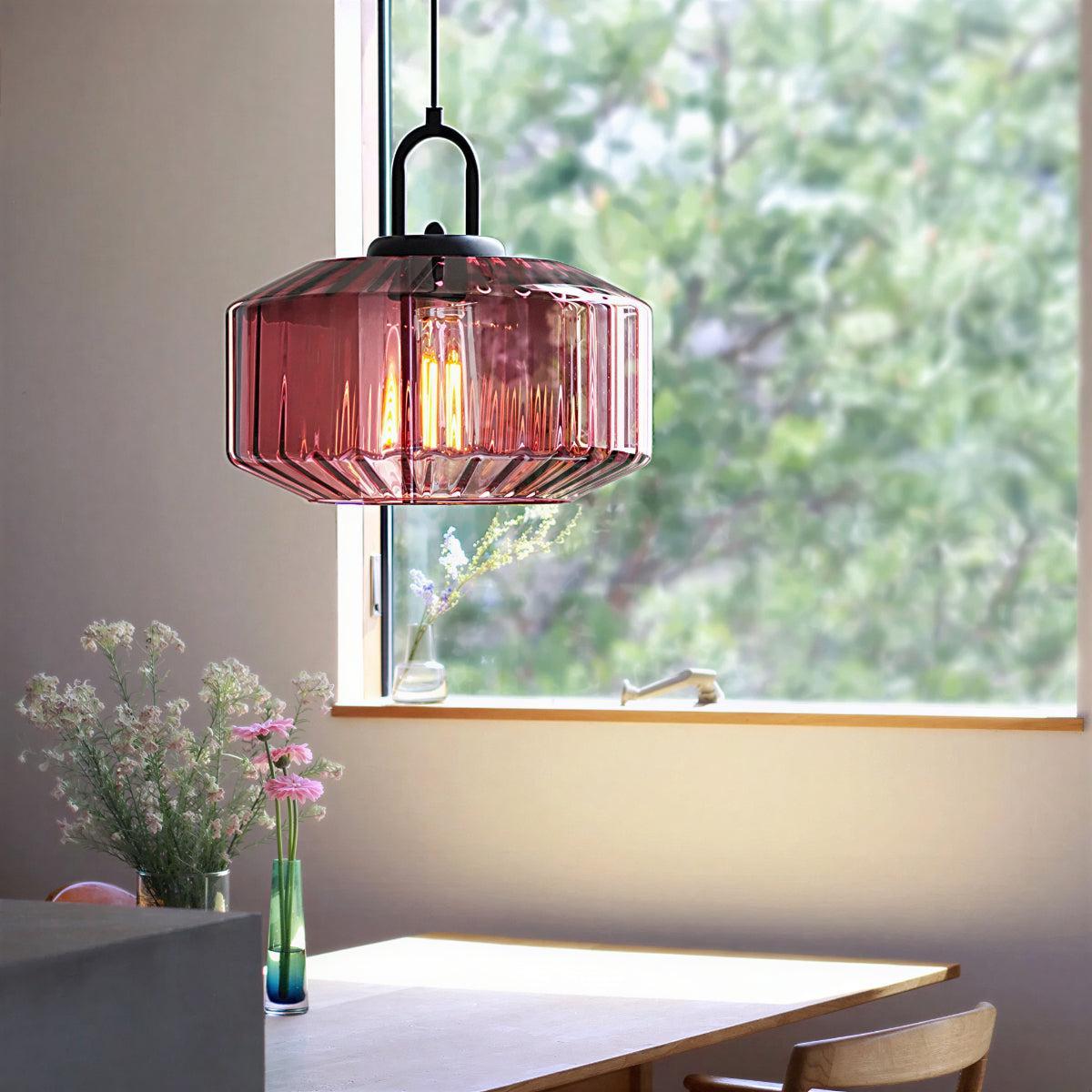 Lampada a sospensione vintage con paralume in vetro a righe retro