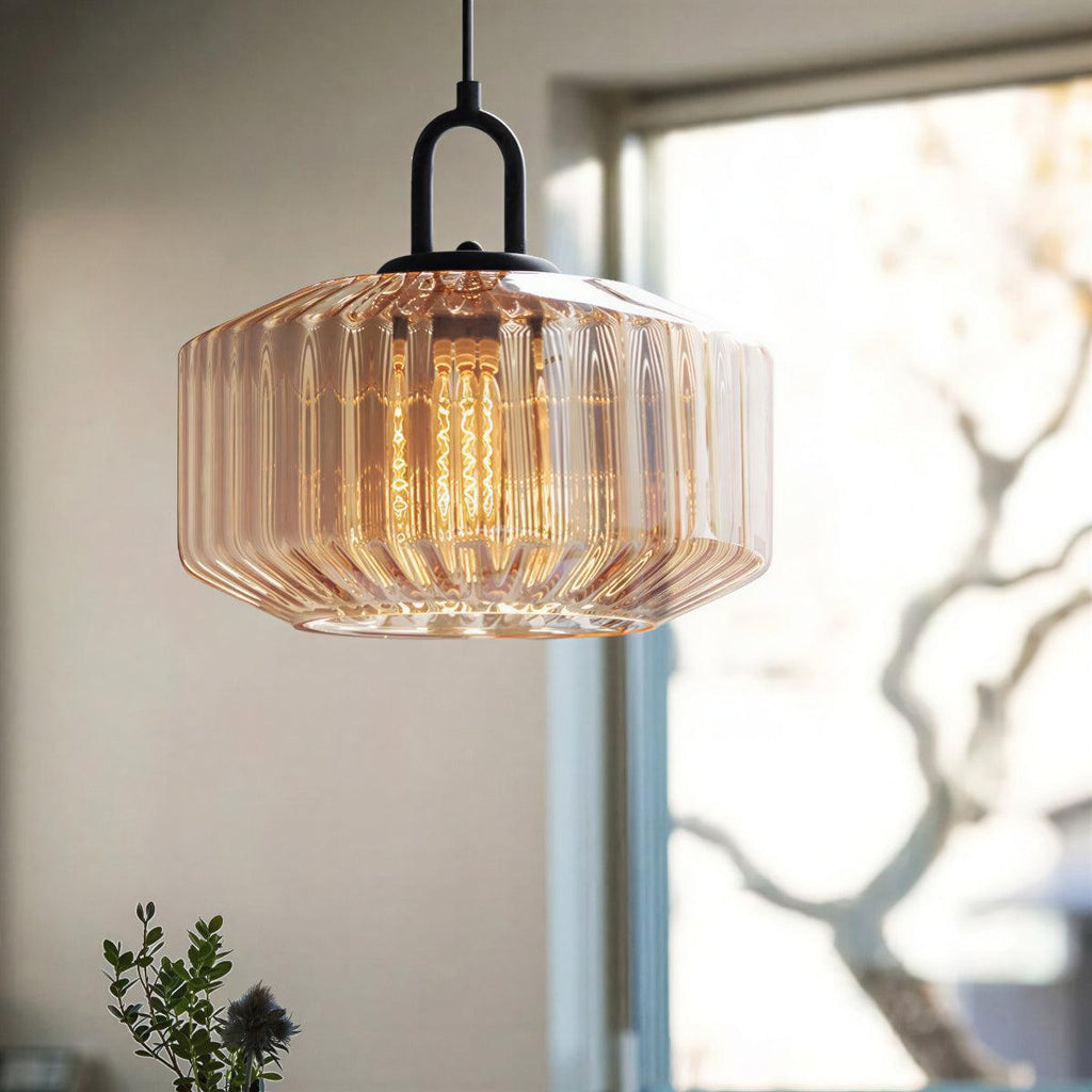 Lampada a sospensione vintage con paralume in vetro a righe retro