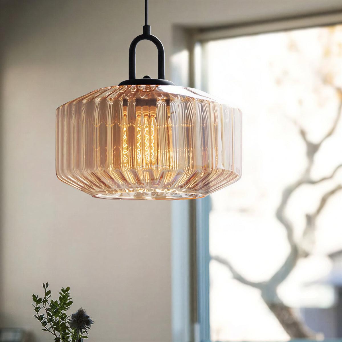 Lampada a sospensione vintage con paralume in vetro a righe retro