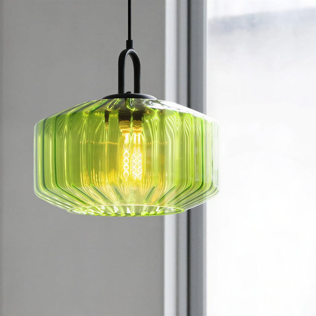 Lampada a sospensione vintage con paralume in vetro a righe retro
