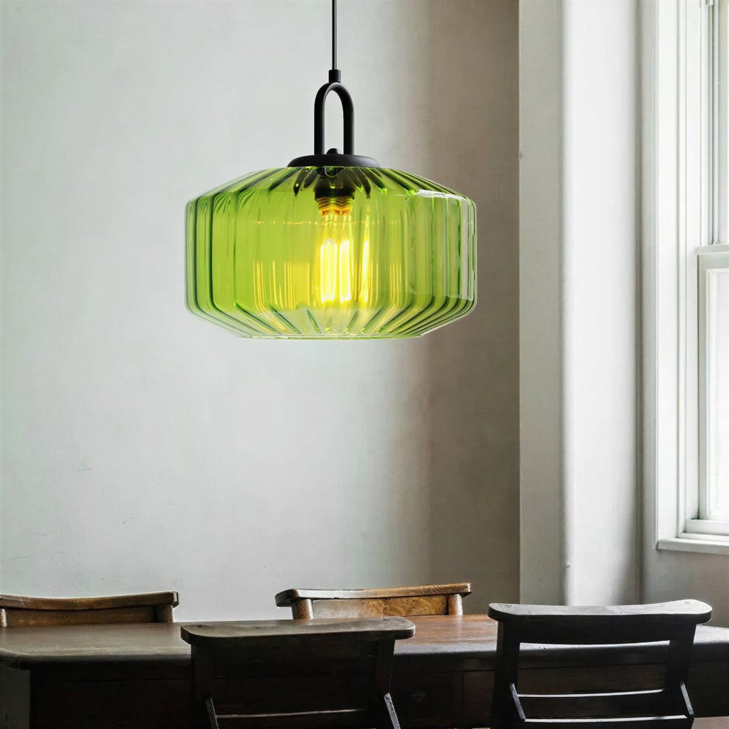 Lampada a sospensione vintage con paralume in vetro a righe retro