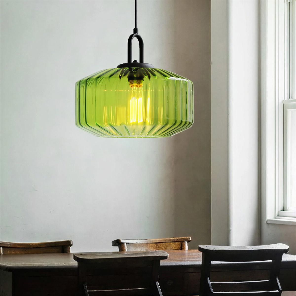 Lampada a sospensione vintage con paralume in vetro a righe retro