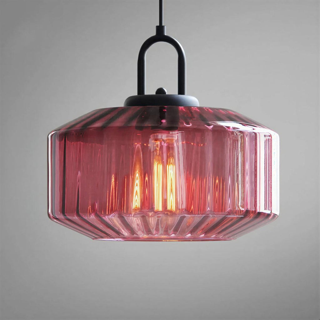 Lampada a sospensione vintage con paralume in vetro a righe retro