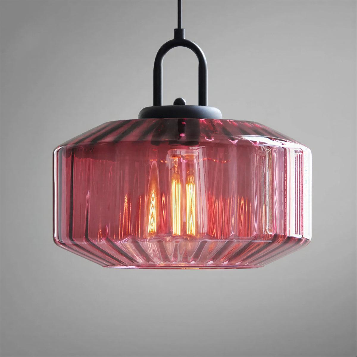 Lampada a sospensione vintage con paralume in vetro a righe retro