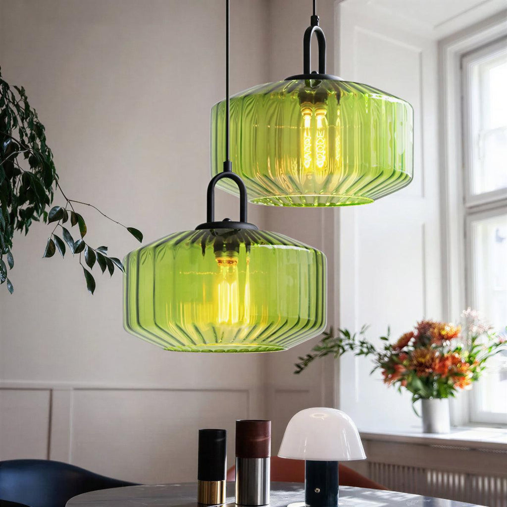 Lampada a sospensione vintage con paralume in vetro a righe retro