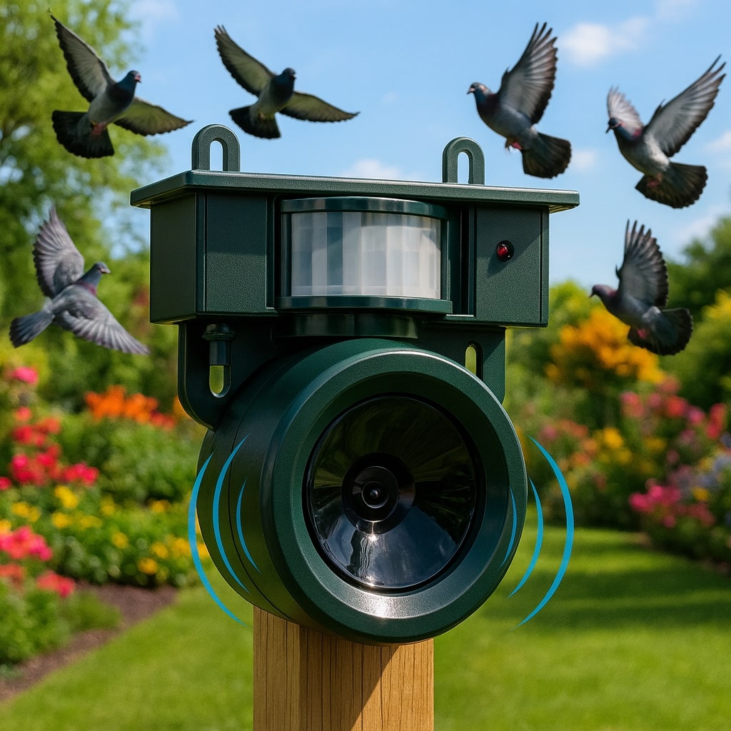 Dispositivo anti-uccelli | Sensore solare | Richiami di rapaci amichevoli | Birdfend