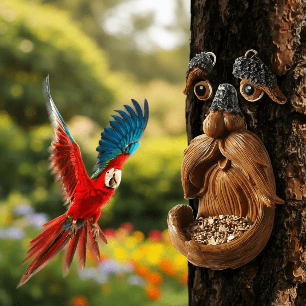 Casa per uccelli faccia di albero in resina | Resistente alle intemperie | Stazione di alimentazione | TreeSpirit
