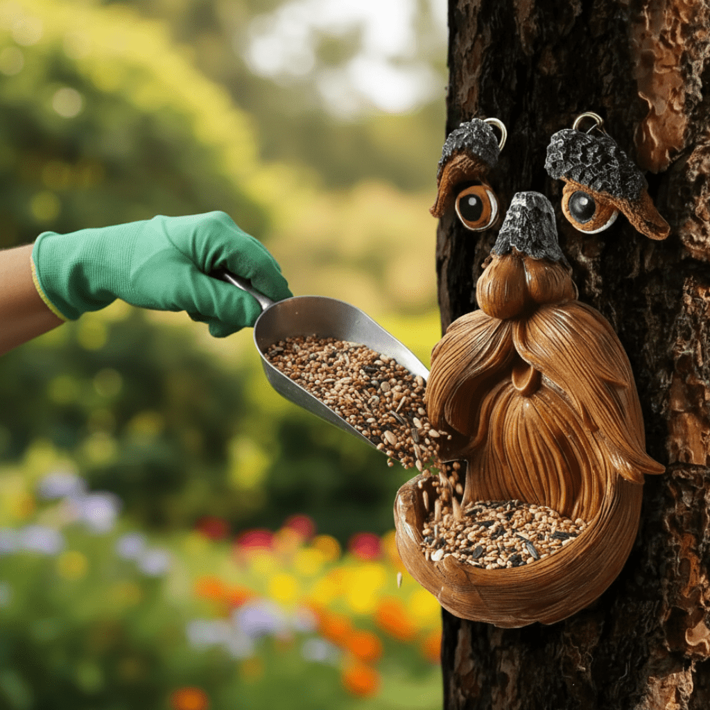 Casa per uccelli faccia di albero in resina | Resistente alle intemperie | Stazione di alimentazione | TreeSpirit