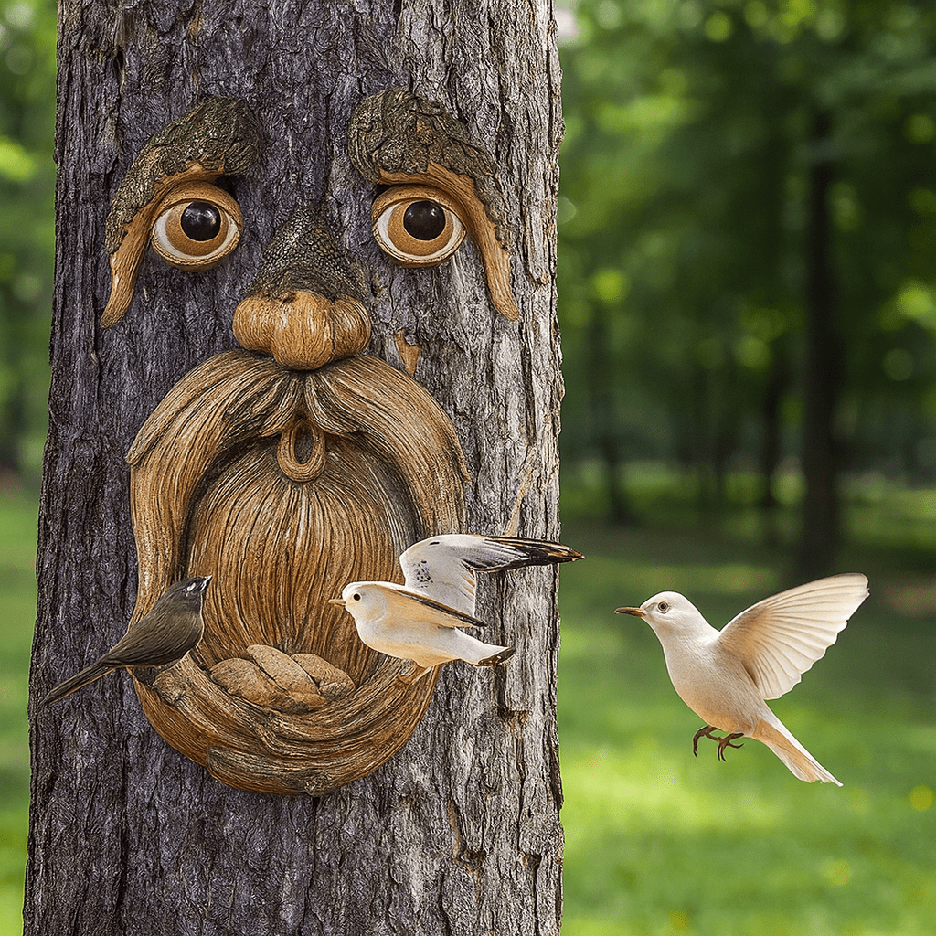 Casa per uccelli faccia di albero in resina | Resistente alle intemperie | Stazione di alimentazione | TreeSpirit