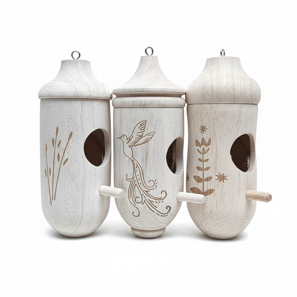Casa per uccelli in legno appesa set da 3 | Motivi incisi | Nido da giardino | BirchHaven