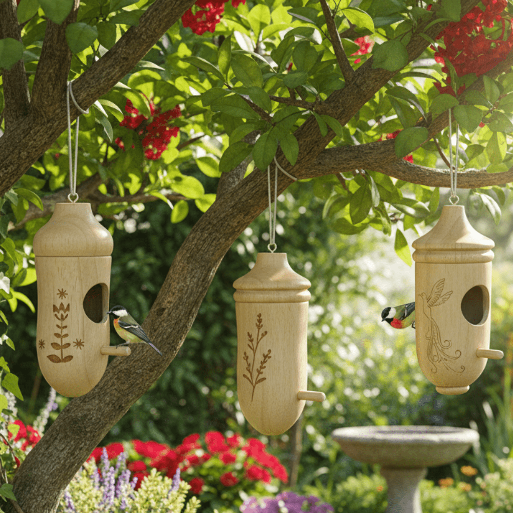 Casa per uccelli in legno appesa set da 3 | Motivi incisi | Nido da giardino | BirchHaven
