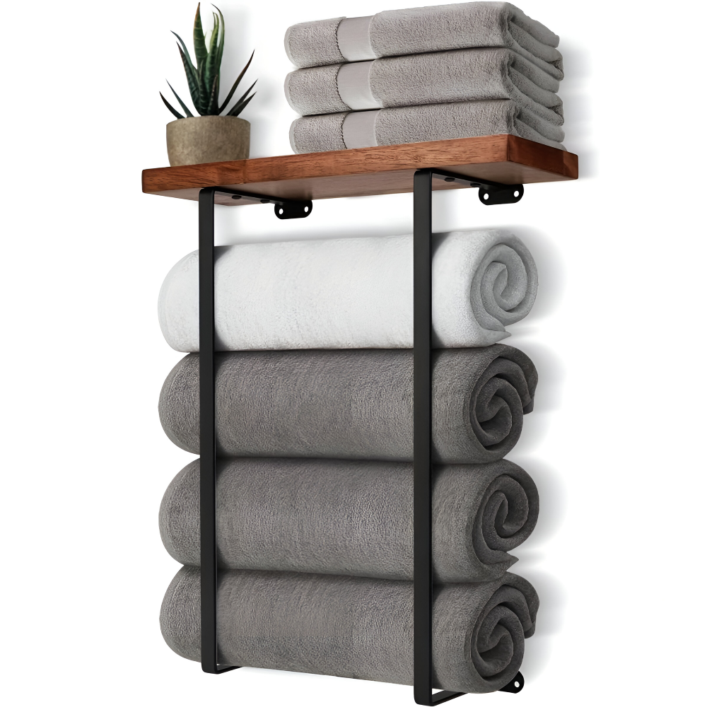WoodRail Duo – Elegante Porta Asciugamani Doppio da Parete in Legno e Metallo