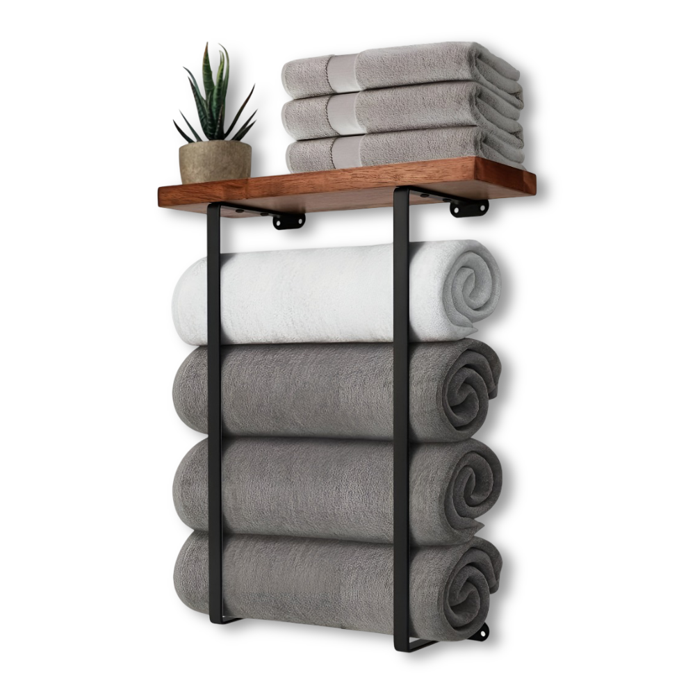 WoodRail Duo – Elegante Porta Asciugamani Doppio da Parete in Legno e Metallo