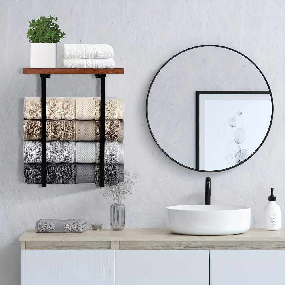 WoodRail Duo – Elegante Porta Asciugamani Doppio da Parete in Legno e Metallo