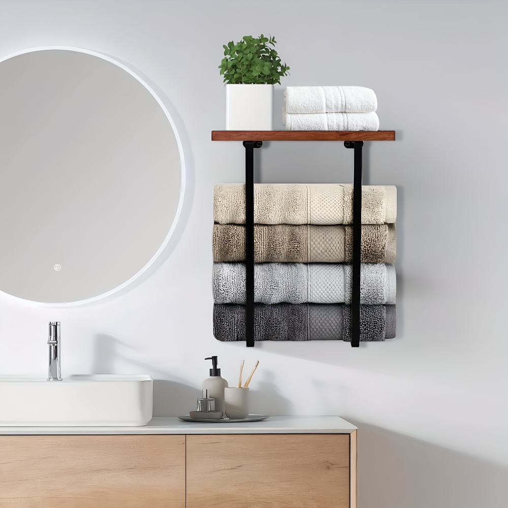 WoodRail Duo – Elegante Porta Asciugamani Doppio da Parete in Legno e Metallo