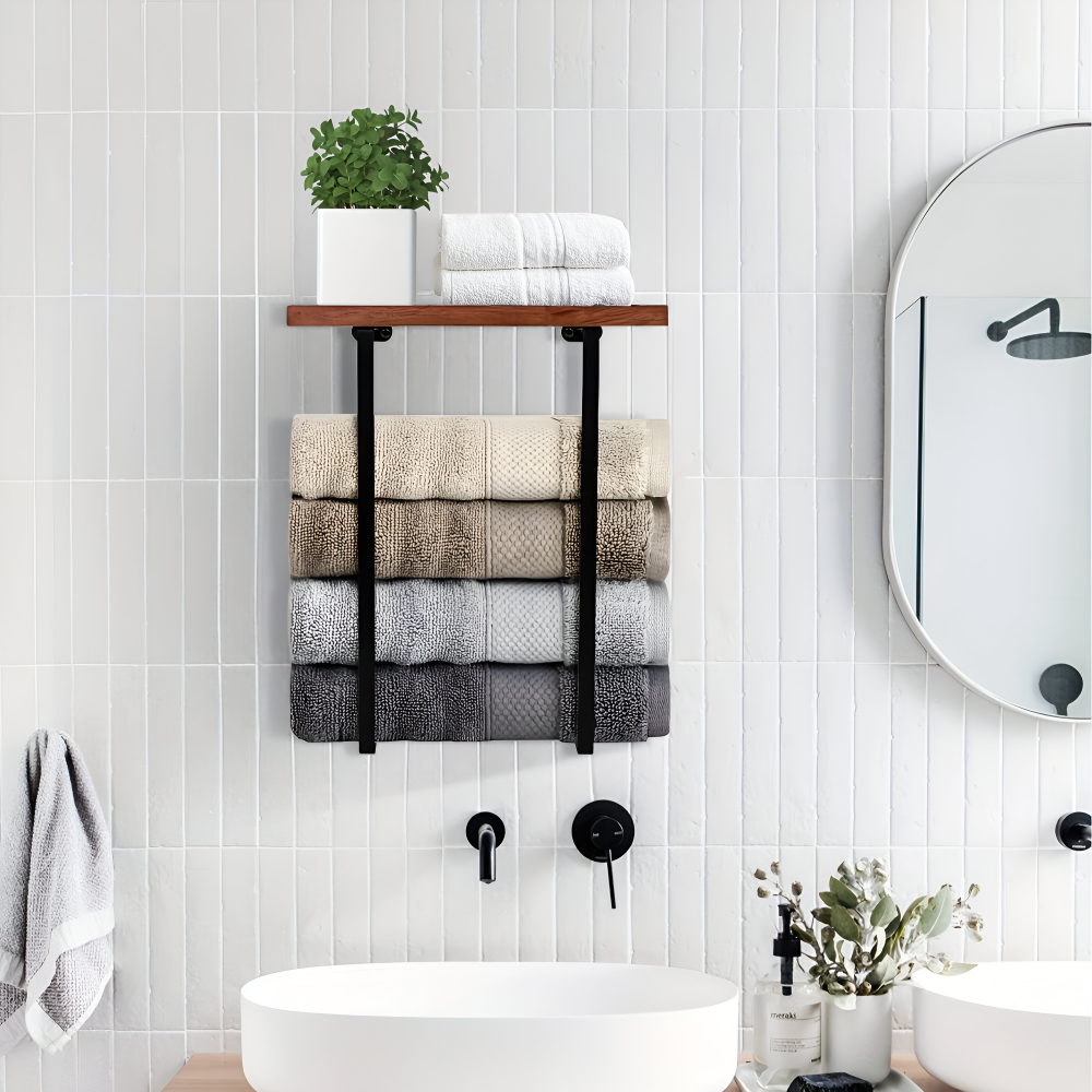 WoodRail Duo – Elegante Porta Asciugamani Doppio da Parete in Legno e Metallo
