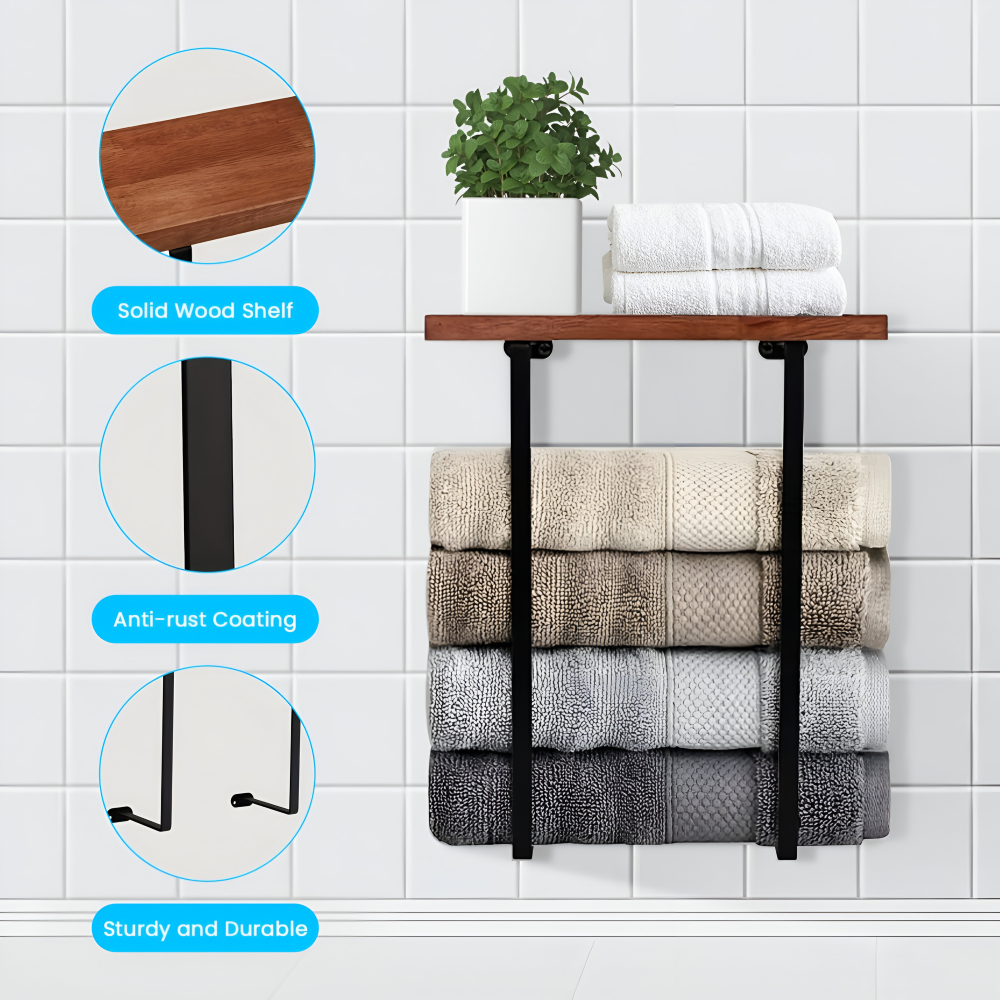 WoodRail Duo – Elegante Porta Asciugamani Doppio da Parete in Legno e Metallo