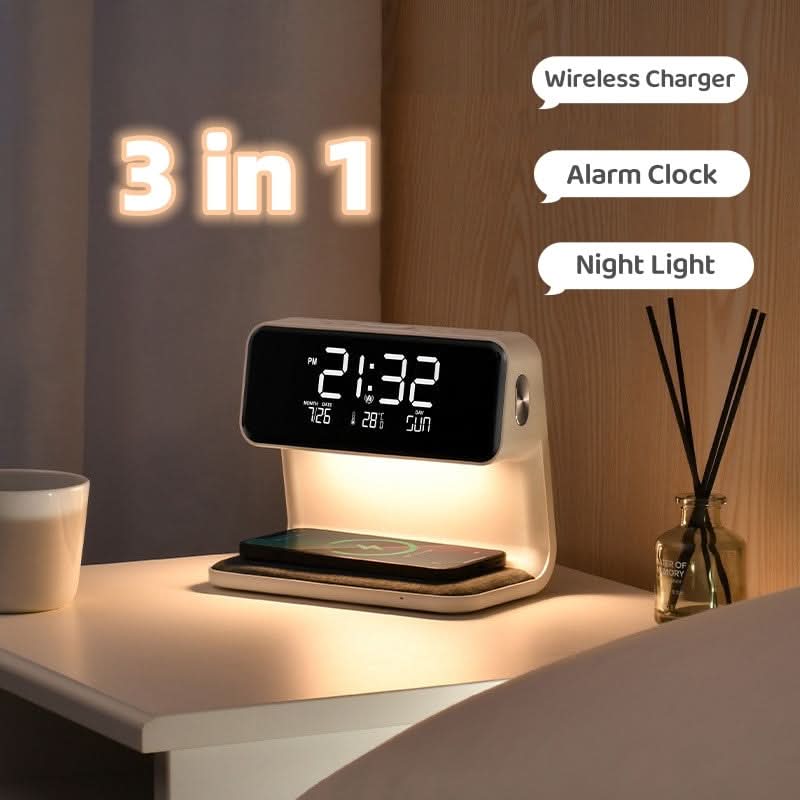 Sveglia 3-in-1 LCD | Stazione di ricarica wireless | Lampada LED dimmerabile | Deskova